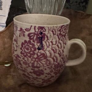 Anthropologie Homegrown Monogram Mug Cup Initial j Floral Raspberry Coffee Tea